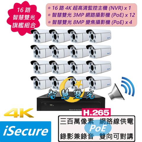 iSecure 英廣連 _16 路智慧雙光旗艦監視器組合! 1 部 16 路 4K 超高清監控主機 (NVR) + 12 部智慧雙光 3MP 定焦子彈型攝影機 (f: 4mm) + 4 部智慧雙光 8MP 變焦子彈型攝影機 (f: 2.8~12mm), 主要賣點: AI 智慧雙光源 + 16 部攝影機全部免接電源 (PoE)