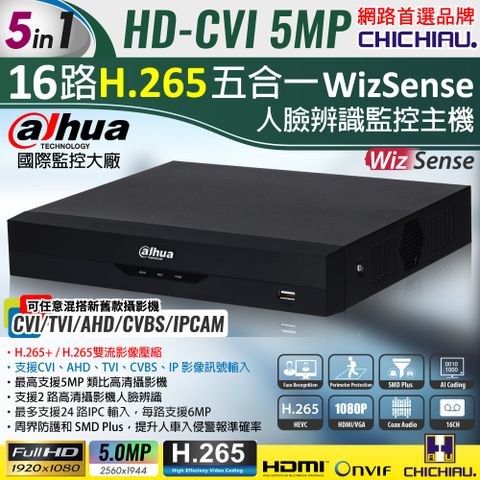 【CHICHIAU】Dahua大華 H.265 5MP 16路CVI 1080P五合一數位高清遠端監控錄影主機(DH-XVR5116HS-I2)