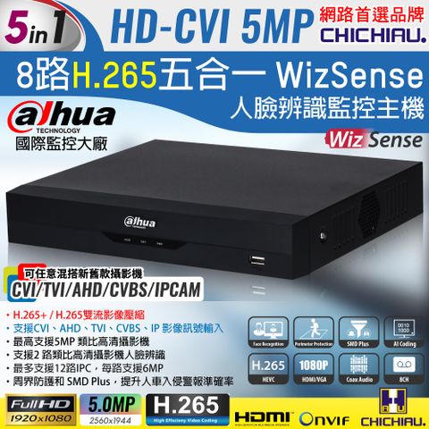 【CHICHIAU】Dahua大華 H.265 5MP 8路CVI 1080P五合一數位高清遠端監控錄影主機(DH-XVR5108HS-I2)