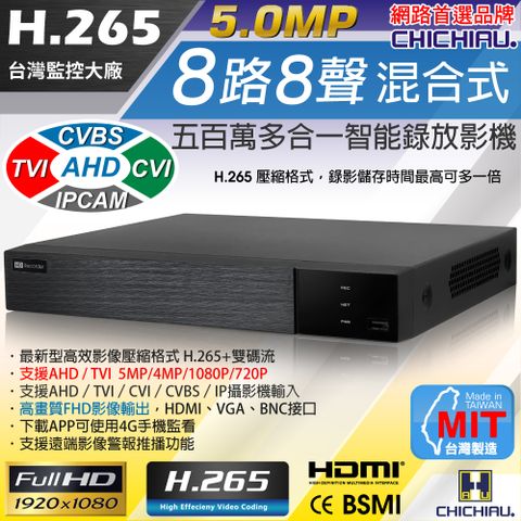 【CHICHIAU】H.265 5MP 8路8聲 五合一數位高清遠端監控錄影主機