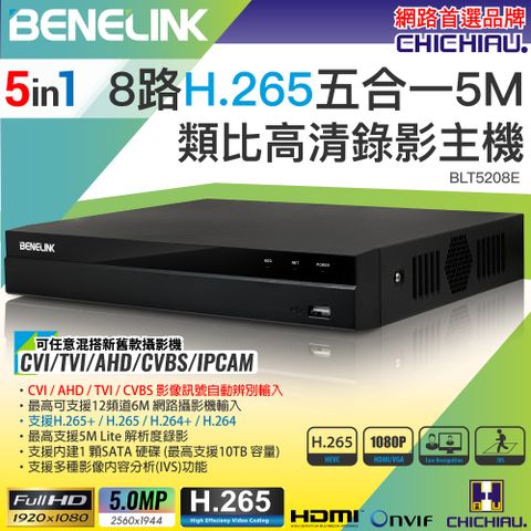 chichiau 奇巧 BENELINK H.265 5MP 8路1080P五合一數位高清遠端監控錄影主機