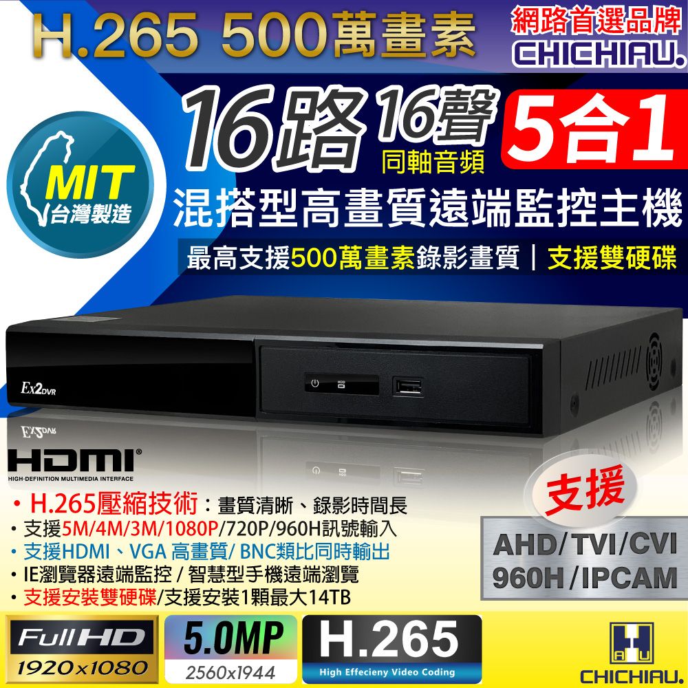 chichiau 奇巧 H.265 5MP 16路4聲 1080P五合一混搭型數位遠端雙硬碟款網路監控錄影主機 AVTECH台灣製造DVR 支援5MP/4MP/1080P/720P/IPCAM/類比監視器攝影機