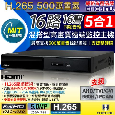 【CHICHIAU】H.265 5MP 16路4聲 1080P五合一混搭型數位遠端雙硬碟款網路監控錄影主機