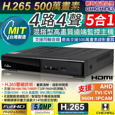 【CHICHIAU】H.265 5MP 4路4聲同軸音頻 1080P五合一混搭型數位遠端網路監控錄影主機 AVTECH台灣製造DVR 支援5MP/4MP/1080P/720P/IPCAM/類比監視器攝影機