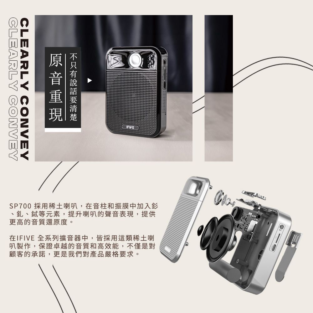 CLEARLY CONVEYCLEARLY CONVEYIFIVESP700 採用稀土喇叭,在音柱和振膜中加入釤、、等元素,提升喇叭的聲音表現,提供更高的音質還原度在IFIVE 全系列擴音器中,皆採用這類稀土喇叭製作,保證卓越的音質和高效能,不僅是對顧客的承諾,更是我們對產品嚴格要求。010