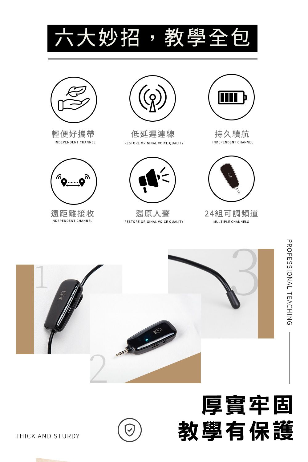 六大妙招,教學全包低延遲連線輕便好攜帶持久續航INDEPENDENT CHANNELRESTORE ORIGINAL VOICE QUALITYINDEPENDENT CHANNEL遠距離接收還原人聲INDEPENDENT CHANNELRESTORE ORIGINAL VOICE QUALITY24組可調頻道MULTIPLE CHANNELSPROFESSIONAL TEACHING2厚實牢固教學有保護THICK AND STURDY