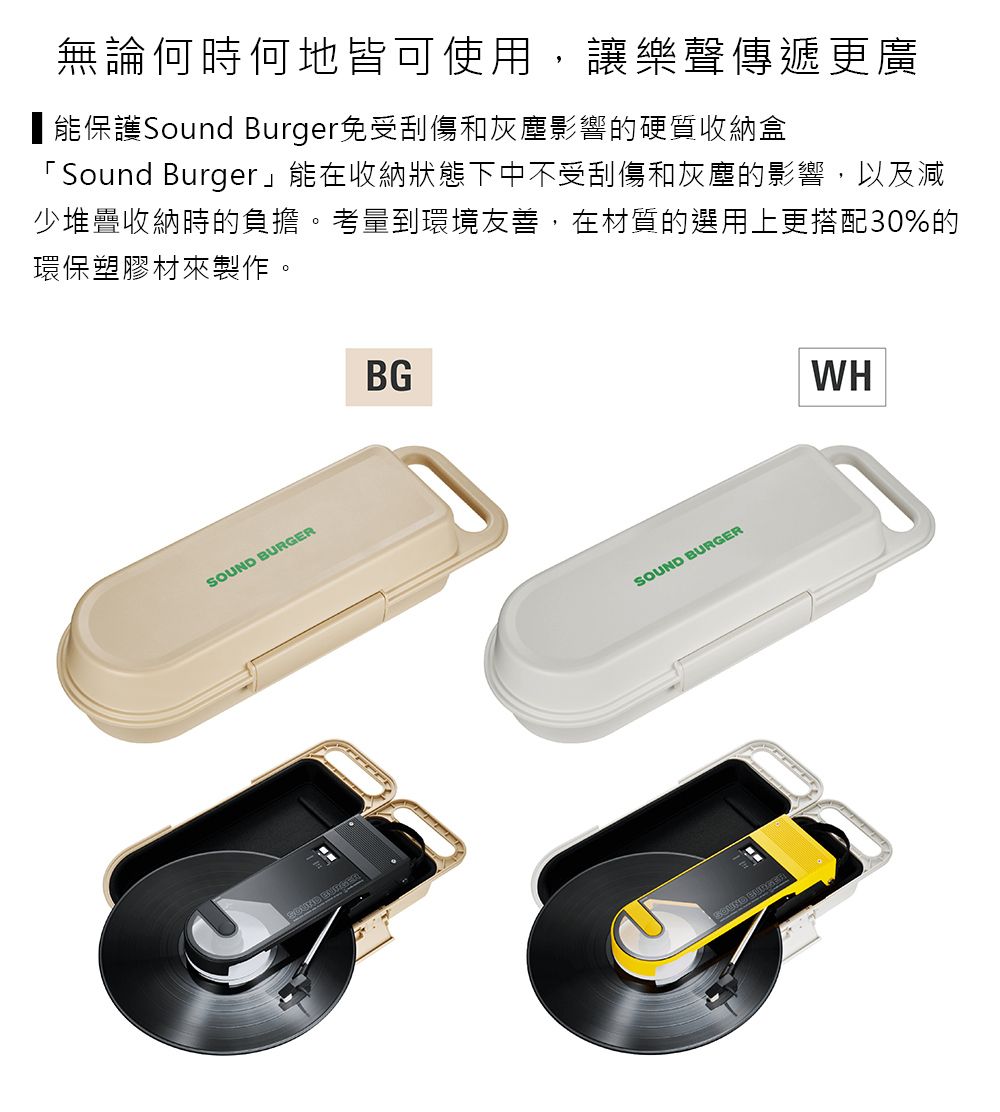 無論何時何地皆可使用,讓樂聲傳遞更廣能保護Sound Burger免受刮傷和灰塵影響的硬質收納盒「Sound Burger」能在收納狀態下中不受刮傷和灰塵的影響,以及減少堆疊收納時的負擔。考量到環境友善,在材質的選用上更搭配30%的環保塑膠材來製作。SOUND ERBURGBGSOUND  BURGERWH