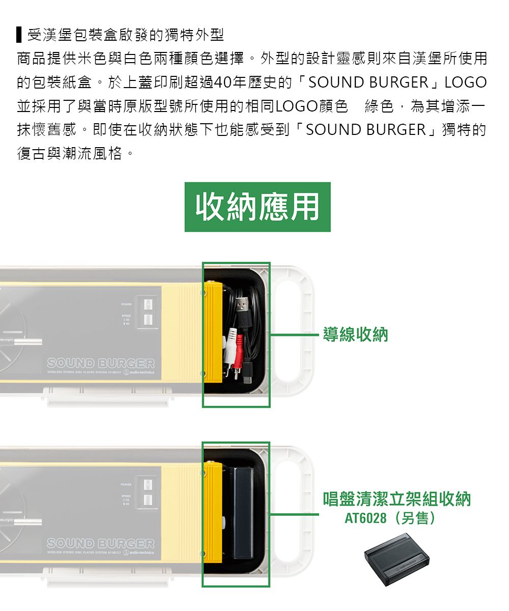 漢堡包裝盒啟發的獨特外型商品提供米色與白色兩種顏色選擇。外型的設計靈感則來自漢堡所使用的包裝紙盒。於上蓋印刷超過40年歷史的「SOUND BURGER」LOGO並採用了與當時原版型號所使用的相同LOGO顏色 綠色為其增添一抹懷舊感。即使在收納狀態下也能感受到「SOUND BURGER」獨特的復古與潮流風格。收納應用SOUND BURGER      □□SOUND BURGER       導線收納唱盤清潔立架組收納AT6028(另售)