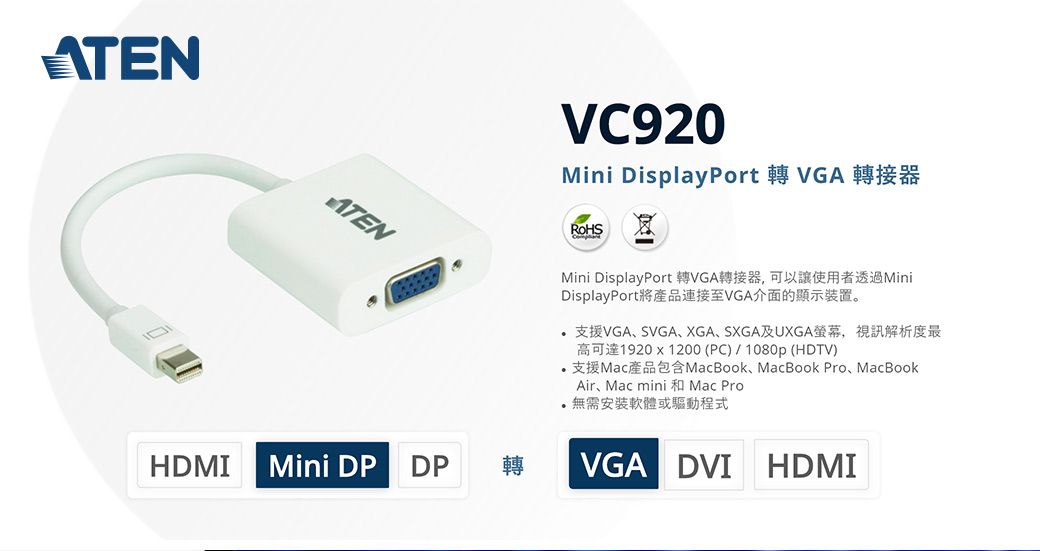 ATENVC920Mini DisplayPort VGAROHS Mini DisplayPort 轉VGA轉接器可以讓使用者透過MiniDisplayPort將產品連接至VGA介面的顯示裝置。 VGA SVGA XGA SXGAUXGA 1920 x 1200 (PC)  1080p (HDTV)MacMacBook MacBook Pro MacBookAir, Mac mini Mac Pro無需安裝軟體或驅動程式HDMI Mini DP DP轉VGA DVI HDMI