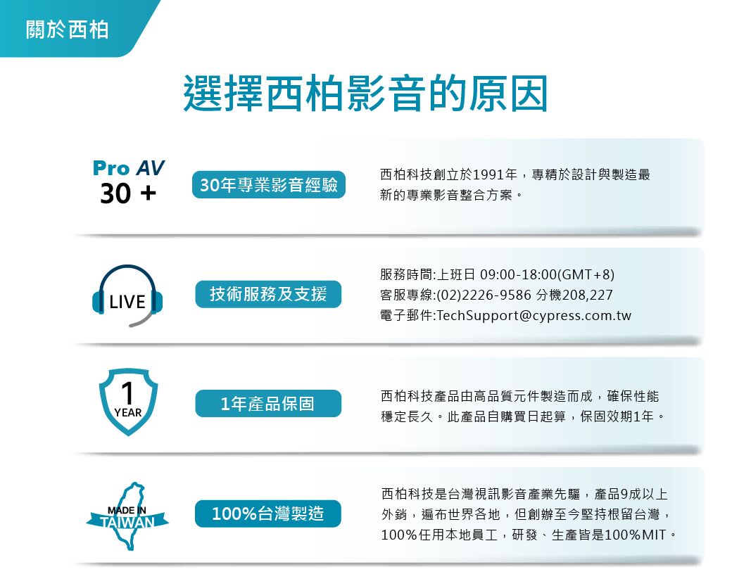 關於西柏選擇西柏影音的原因Pro AV30 30年專業影音經驗西柏科技創立於191年,專精於設計與製造最新的專業影音整合方案。技術服務及支援LIVE服務時間:上班日 09:00-18:00(GMT+8)客服專線:(02)2226-9586 分機208,227電子郵件:TechSupport@cypress.com.tw11年產品保固YEAR西柏科技產品由高品質元件製造而成,確保性能穩定長久。此產品自購買日起算,保固效期1年。MADE INTAIWAN100%台灣製造西柏科技是台灣視訊影音產業先驅,產品9成以上外銷,遍布世界各地,但創辦至今堅持根留台灣,100%任用本地員工,研發、生產皆是100%MIT。