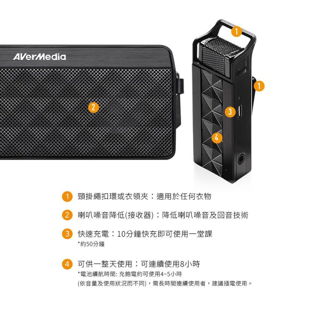 AVerMedia 頸掛繩扣環或衣領:適用於任何衣物2 喇叭噪音降低(接收器):降低喇叭噪音及回音技術 快速充電:10分鐘快充即可使用一堂課*約50分鐘 可供一整天使用:可連續使用8小時*電池續航時間:充飽電約可使用4~5小時(依音量及使用狀況而不同),需長時間連續使用者,建議插電使用。