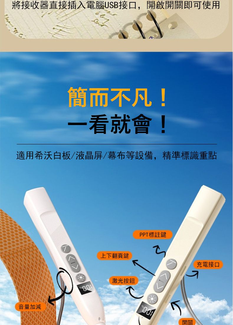 將接收器直接插入電腦USB接口,開啟開關即可使用簡而不凡!一看就會!適用希沃白板/液晶屏/幕布等設備,精準標識重點PPT標註鍵上下翻頁鍵充電接口激光按鈕音量加減開關