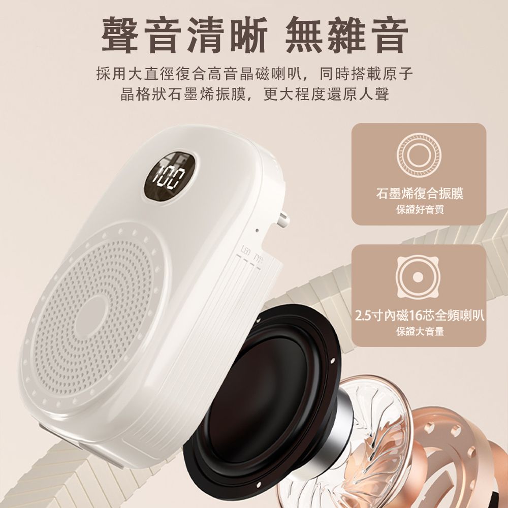 聲音清晰 無雜音採用大直徑復合高音晶磁喇叭,同時搭載原子晶格狀石墨烯振膜,更大程度還原人聲 石墨烯復合振膜保證好音質2.5寸磁16芯全頻喇叭保證大音量