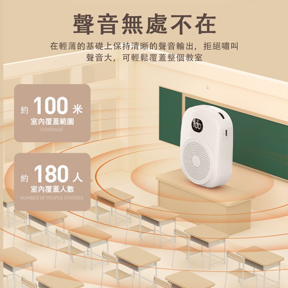 聲音無處不在在輕薄的基礎上保持清晰的聲音輸出,拒絕嘯叫聲音大,可輕鬆覆蓋整個教室約室內覆蓋範圍COVERAGE約180室內覆蓋人數NUMBER OF PEOPLE COVERED100