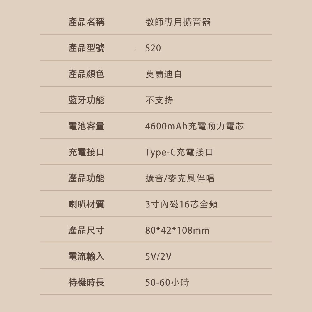 產品名稱教師專用擴音器產品型號S20產品顏色莫蘭迪白藍牙功能不支持電池容量充電接口4600mAh電動力電Type-C充電接口產品功能擴音/麥克風伴唱喇叭材質3寸磁芯全頻產品尺寸80*42*108mm電流輸入5V/2V待機時長50-60小時