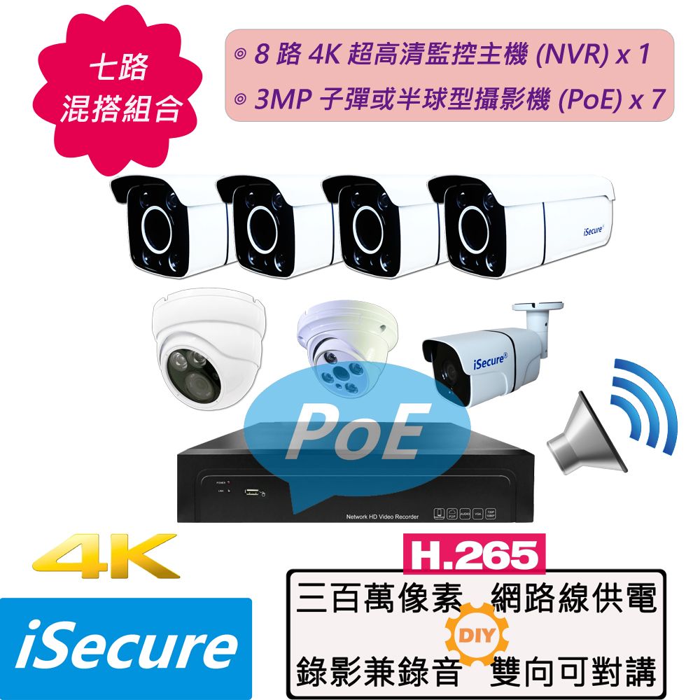 iSecure 英廣連  7 路混搭監視器組合: 1 部 8 路 4K 超高清監控主機 (NVR) + 7 部 3MP 子彈或半球型網路攝影機 (PoE), 最大賣點: 攝影機全部免接電源 (尖端 PoE 供電技術)! 其他特點: 畫質超清晰 + 色彩超鮮明 + 錄影兼錄音 + 雙向可對講!