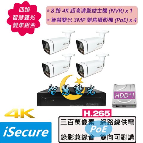iSecure_四路 "智慧雙光變焦" 監視器組合: 1 部八路 4K 超高清網路型監控主機 (NVR) + 4 部智慧雙光 3MP 五倍變焦管型攝影機 (PoE)
