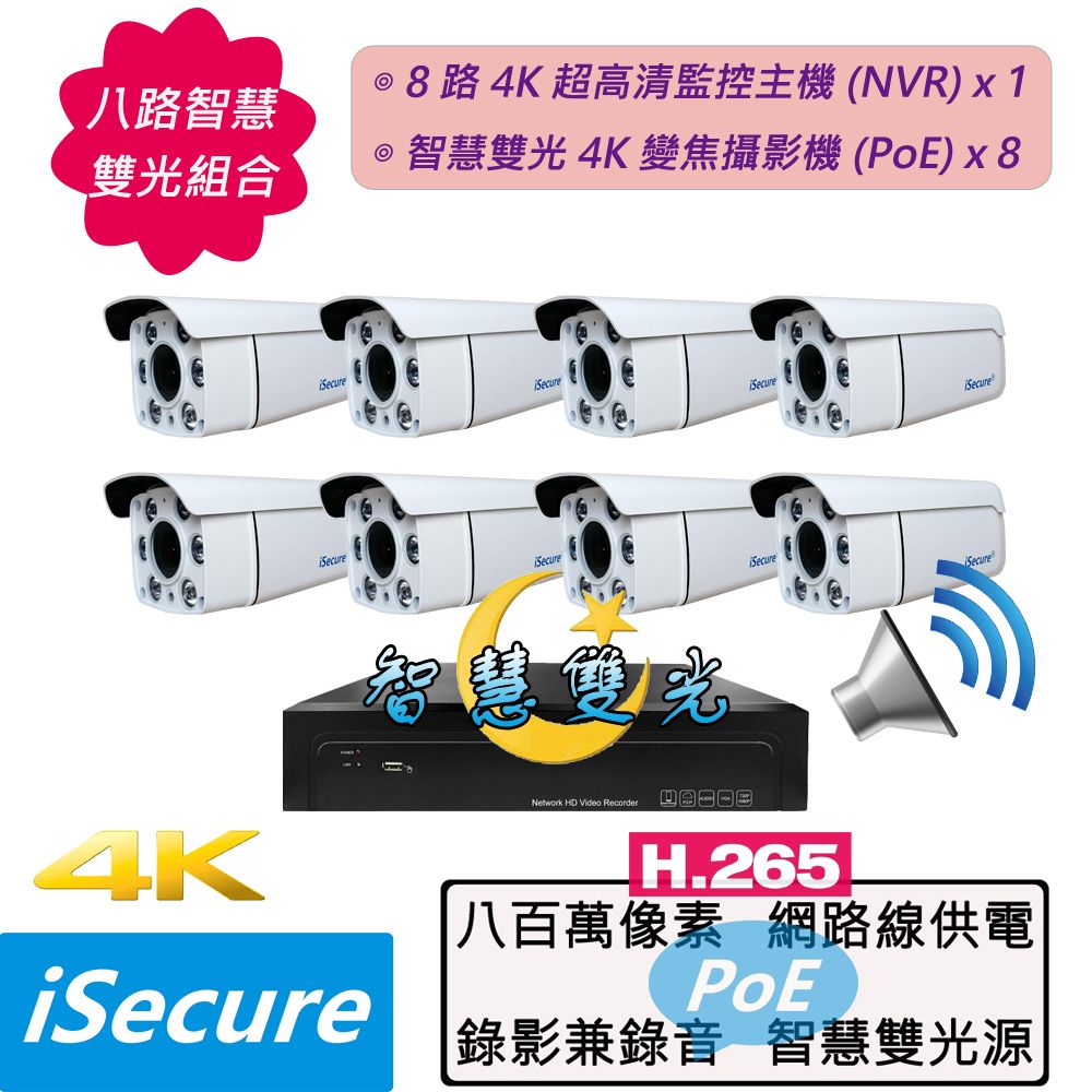 iSecure 英廣連 _1 部八路 4K 超高清監控主機 (NVR) + 8 部智慧雙光 4K 變焦子彈型攝影機 (PoE)