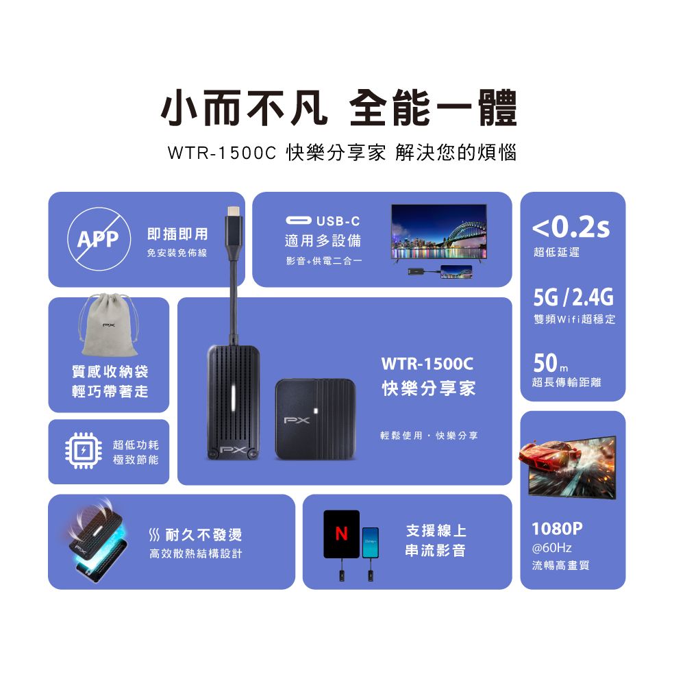 PX 大通  iphone免設定投影Netflix蘋果手機筆電無線Type c會議Disney電視google(WTR-1500C)