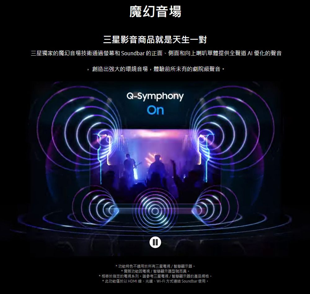 魔幻音場三星影音商品就是天生一對三星獨家的魔幻音場技術通過螢幕和 Soundbar 的正面、側面和向上喇叭單體提供全聲道 AI 優化的聲音創造出強大的環繞音場,體驗前所未有的劇院級聲音。Q-Symphony①* 功能特色不適用於所有三星電視/智慧顯示器。*實際功能因電視/智慧顯示器型號而異。*於指定的電視系列。請參考三星電視/智慧顯示器的產品規格。* 此功能僅於以 HDMI 線、光纖、Wi-Fi 方式連結 Soundbar使用。