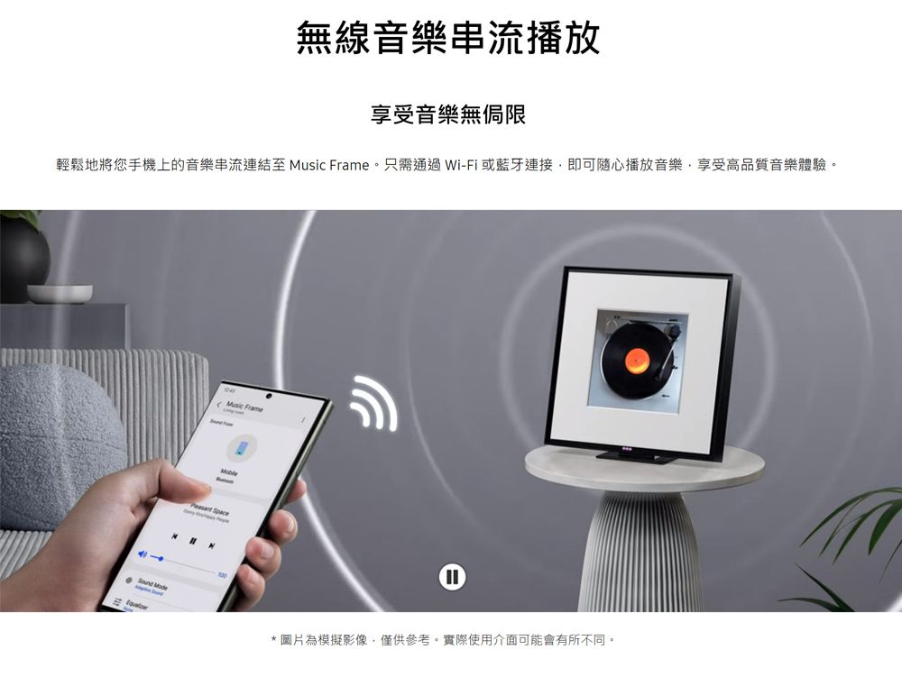 無線音樂串流播放享受音樂無侷限輕鬆地將您手機上的音樂串流連結  只需通過Wi-Fi或藍牙連接即可隨心播放音樂,享受高品質音樂體驗。 ModeMusic Frame Space**圖片為模擬影像,僅供參考,實際使用介面可能會有所不同。