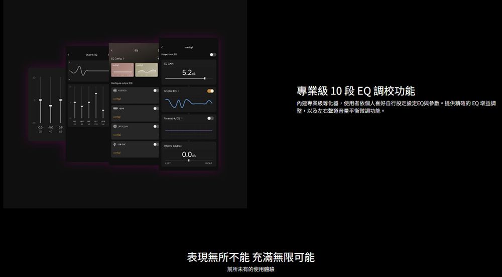 5.2專業級 10 調校功能內建專業級等化器,使用者依個人喜好自行設定設定EQ與參數。提供精確的 EQ 增益調整,以及左右聲道音量平衡微調功能。 EQ表現無所不能 充滿無限可能前所未有的使用體驗