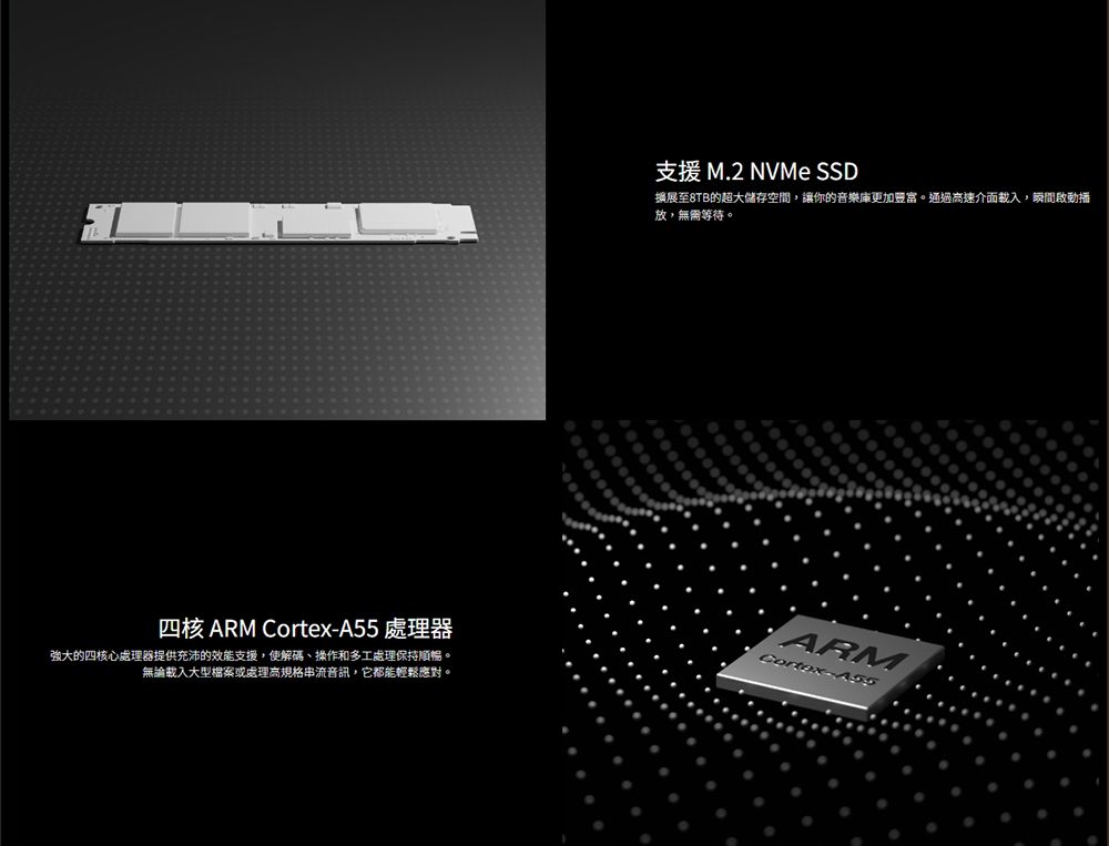 四核 ARM A55 處理器強大的四核心處理器提供充沛的效能支援,使解碼、操作和多工處理保持順暢。無論大型檔案或處理規格串流音訊,它都能輕鬆應對。支援 M.2 NVMe SSD擴展至8TB的超大儲存空間,讓你的音樂庫更加豐富。通過高速介面載入,瞬間啟動放,無需等待。ARMCortex-
