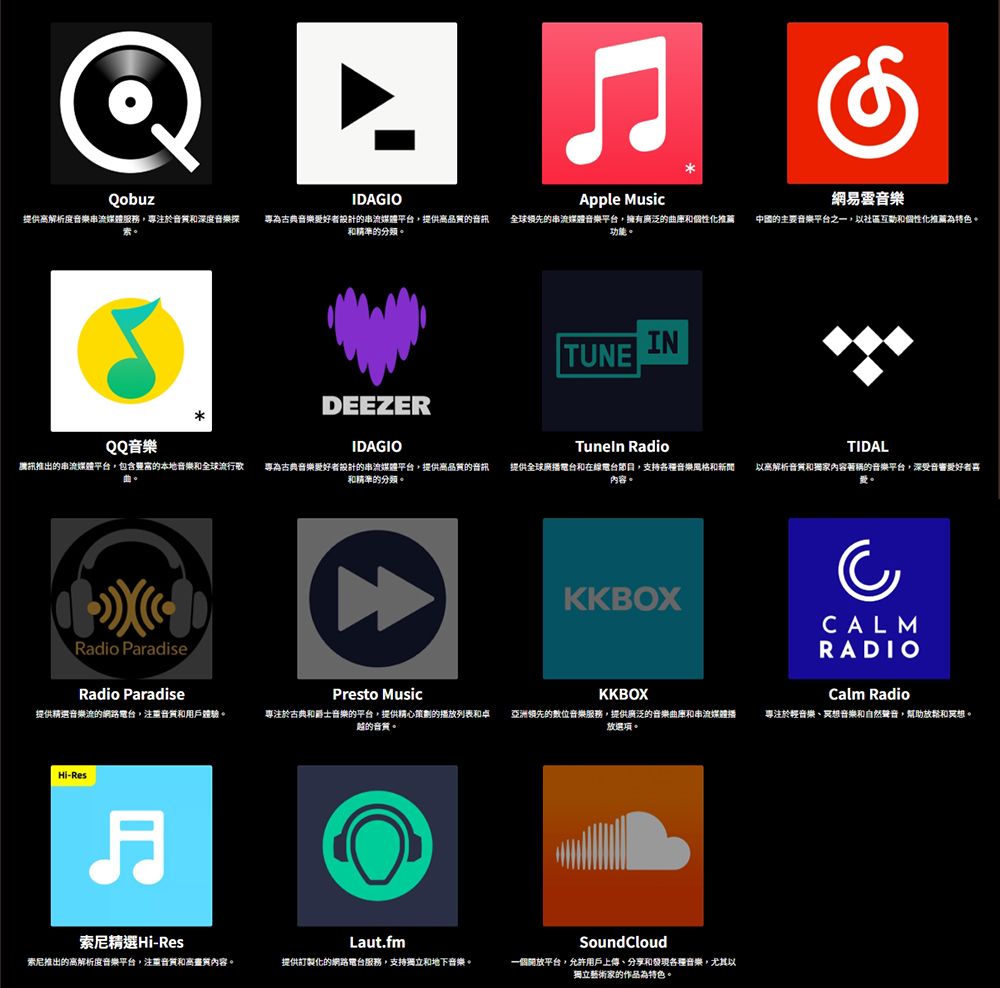 QQobuzIDAGIOApple Music網易雲音樂提供解析度音樂串流服務專注於和深度音樂探專為古典音樂的串流平台提供高品質的音和精準的分類全球領先的串流媒體音樂平台,擁有廣泛的曲和個性化推薦功能。中國的主要音樂平台之一,以社區互動和個性化推薦為特色。TUNEINQQ音樂DEEZERIDAGIOTuneln RadioTIDAL訊推出的串流媒體平台,包含的本地音樂和全球流行歌專為古典音樂愛好者設計的串流媒體平台,提供高品質的音訊和精準的分類。提供全球廣電台和在線電台節目,支持各種音樂風格和新聞內容。以高解析音質和內容的音樂平台,深受音審愛好者喜Radio ParadiseKKBOXCALMRADIORadio ParadisePresto Music提供精選音樂流的網路電台,注重音質和用戶體驗。專注於古典和爵士音樂的平台,提供策劃的播放列表和卓越的音質。KKBOX亞洲領先的数位音樂服務,提供廣泛的音樂曲和串流媒體播放選項。Calm Radio專注於輕音樂、冥想音樂和自然聲音,幫助放鬆和冥想。Hi-Res索尼精選Hi-ResLaut.fm索尼推出的高解析度音樂平台,注重音質和高畫質內容。提供訂製化的網路電台服務,支持獨立和地下音樂。SoundCloud一個開放平台,允許用戶上傳、分享和發現各種音樂,尤其以獨立藝術家的作品為特色。