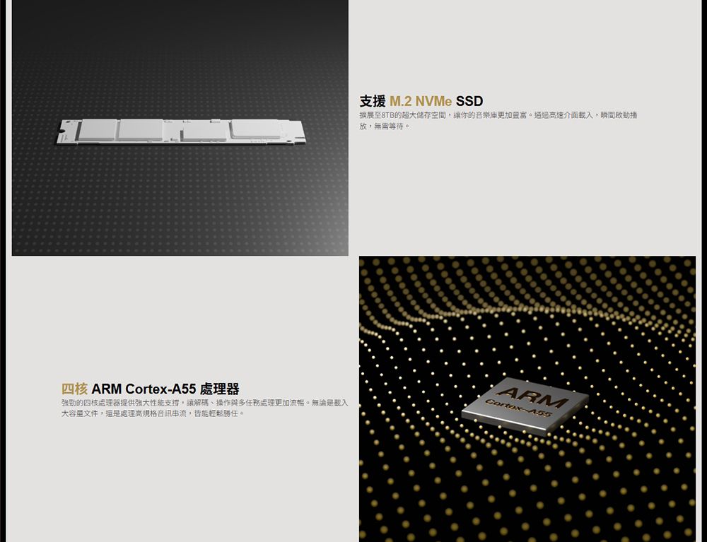 支援 M.2 NVMe SSD擴展8TB的超大儲存空間,你的音樂庫更加。通過高速介面,瞬間放,無需等待。四核 ARM A55 處理器強勁的四核處理器提供強大性能支撐,讓解碼、操作與多任務處理更加流暢。無論是載入大容量文件,還是處理高規格音訊串流,皆能輕鬆勝任。ARMCortex-A55