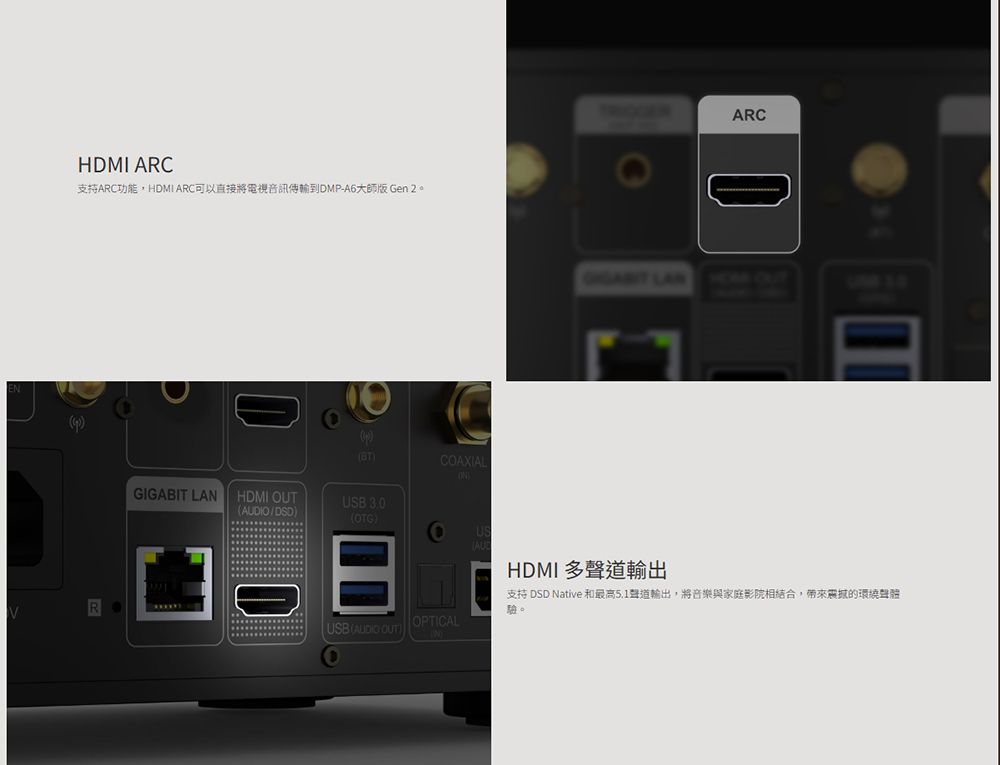 EHDMI ARC支持ARC功能,HDMI ARC可以直接將電視音訊到DMP-A6大師版 Gen 2。RCOAXIALON LANHDMI OUTDSDUSB 3.0OTG)USARCGIGABIT LAN HDMI 多聲道輸出支持 DSD Native和最高5.1聲道輸出,將音樂與家庭影院相結合,帶來震撼的環繞聲驗。OPTICALUSB AUDIO OUT)(N