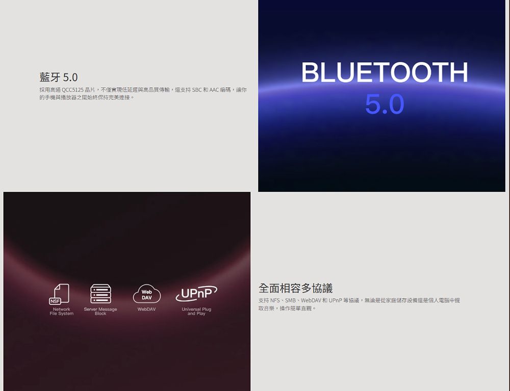 藍牙5.0BLUETOOTH採用通 QCC5125 晶片不僅高品質傳輸,還支持 SBC和 AAC 編碼,的手機與播放器之間始終保持完美連接5.0NSFNetwork SystemServer MessageBlockWebDAVUniversal Plugand Play全面相容多協議支持 NFS、SMB、WebDAV和UPnP協議,無論是從家庭儲存設備個人電腦中提取音樂,操作簡單。