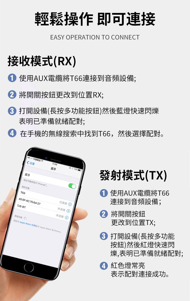 輕鬆操作 即可連接EASY OPERATION TO CONNECT接收模式(RX)使用AUX電纜將T6連接到音頻設備; 將開關按鈕更改到位置RX;6 打開設備(長按多功能按鈕)然後藍燈快速閃爍表明已準備就緒配對;在手機無線搜索中找到T66,然後選擇配對。设置蓝牙發射模式(TX)使用AUX電纜將T66連接到音頻設備;的T66已连接 ①40EF:4C:75:64:72 將開關按鈕连接 ①TJS-BT未连接 ① Apple Watch 应用 Apple Watch 更改到位置TX; 打開設備(長按多功能按鈕)然後紅燈快速閃爍,表明已準備就緒配對; 紅色燈常亮表示配對連接成功。