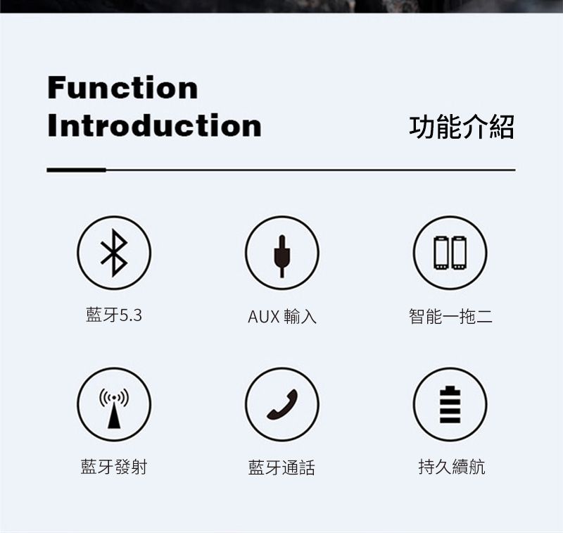 FunctionIntroduction功能介紹00藍牙5.3AUX 輸入智能一拖二藍牙發射藍牙通話持久續航