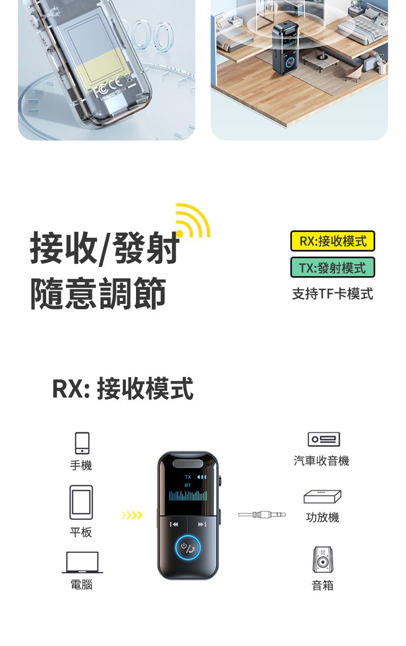 接收/發射RX:接收模式TX:發射模式隨意調節支持TF卡模式RX: 接收模式手機汽車收音機TX 平板電腦功放機音箱