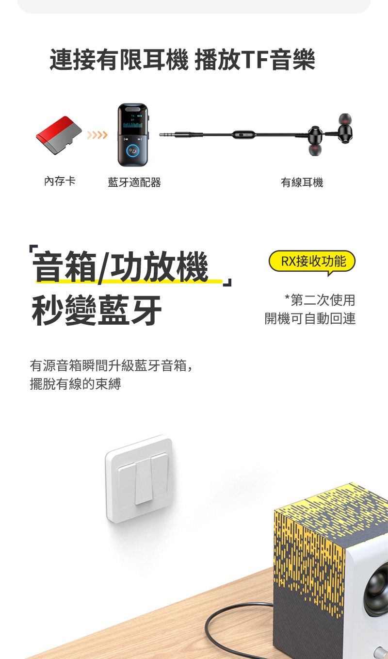 連接有限耳機 播放TF音樂內存卡藍牙適配器有線耳機音箱/功放機秒變藍牙有源音箱瞬間升級藍牙音箱,擺脫有線的束縛RX接收功能*第二次使用開機可自動回連
