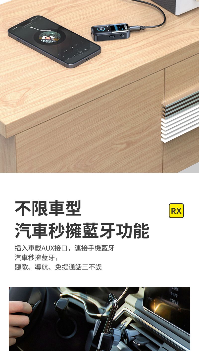 不限車型汽車秒擁藍牙功能插入車載AUX接口,連接手機藍牙汽車秒擁藍牙,聽歌、導航、免提通話三不誤RX自动搜索