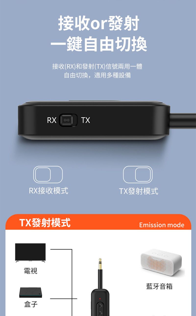 接收發射一鍵自由切換接收(RX)和發射(TX)信號兩用一體自由切換,適用多種設備RXTXRX接收模式TX發射模式電視盒子TX發射模式Emission mode藍牙音箱