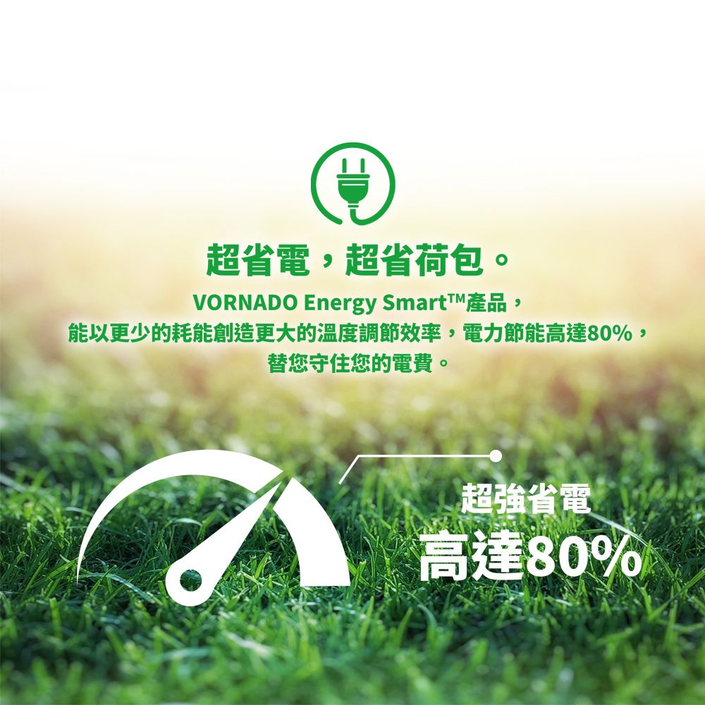 超省電,超省荷包。VORNADO Energy Smartī產品,能以更少的耗能創造更大的溫度調節效率,電力節能高達80%,替您守住您的電費。超強省電高達80%