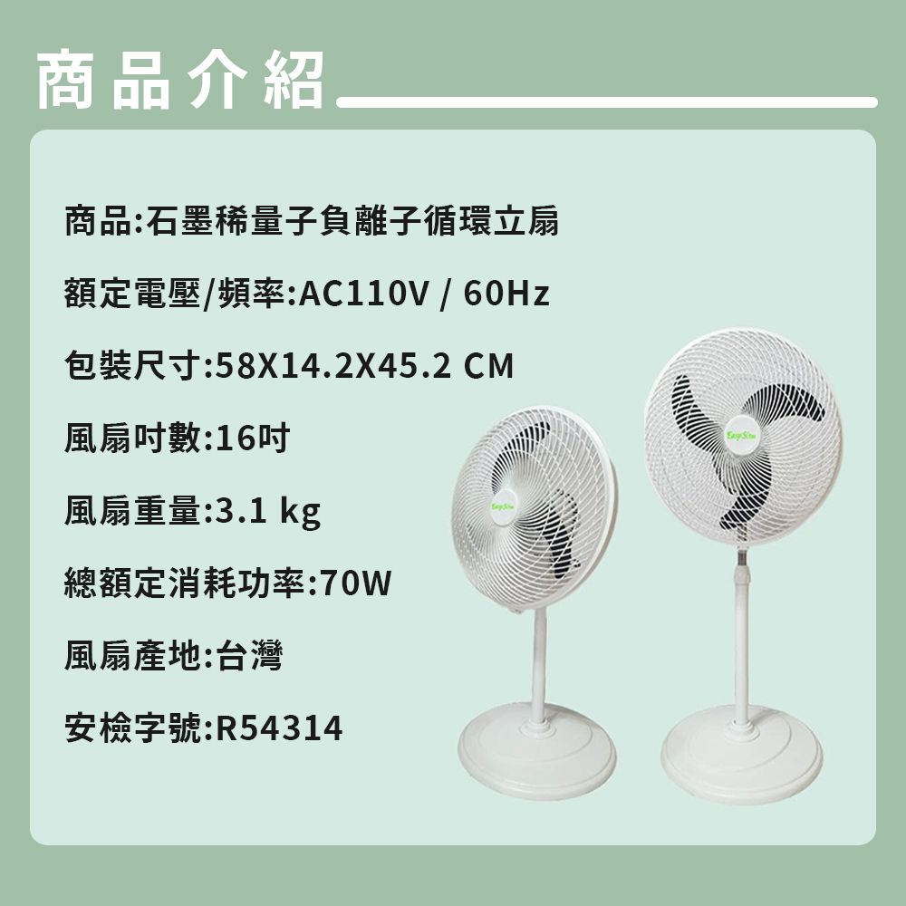 商品介紹商品:石墨量子負離子循環立扇額定電壓/頻率:AC110V / 60Hz包裝尺寸:58X14.2X45.2 CM風扇數:16吋風扇重量:3.1 kg總額定消耗功率:風扇產地:台灣安檢字號:R54314