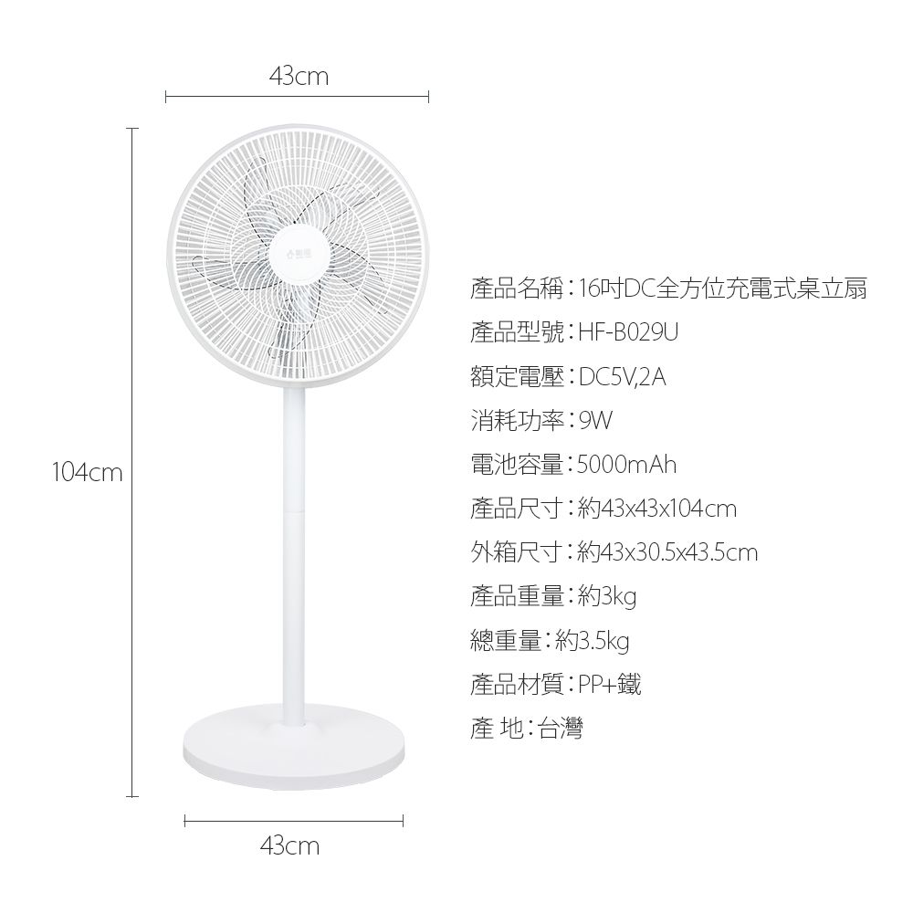 43cm104cm產品名稱:16吋DC全方位充電式桌立扇產品型號:HF-B029U額定電壓:DC5V,2A消耗功率:電池容量:5000mAh產品尺寸:約43x43x104cm外箱尺寸:約43x30.5x43.5cm產品重量:約3kg總重量:約3.5kg產品材質:PP+鐵產地:台灣43cm