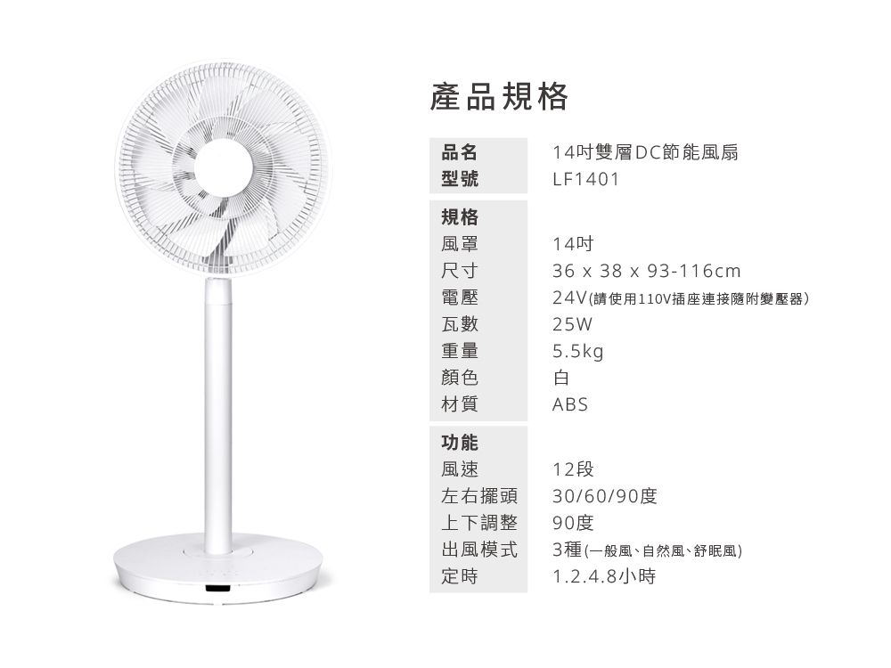 產品規格品名型號14雙層DC節能風扇LF1401規格風罩尺寸電壓瓦數重量顏色14吋36 x 38 x 93-116cm24V(請使用110V插座連接隨附變壓器)25W5.5kg白材質ABS功能風速12段左右擺頭上下調整出風模式定時30/60/90度90度3種(一般風、自然風、舒眠風)1.2.4.8小時