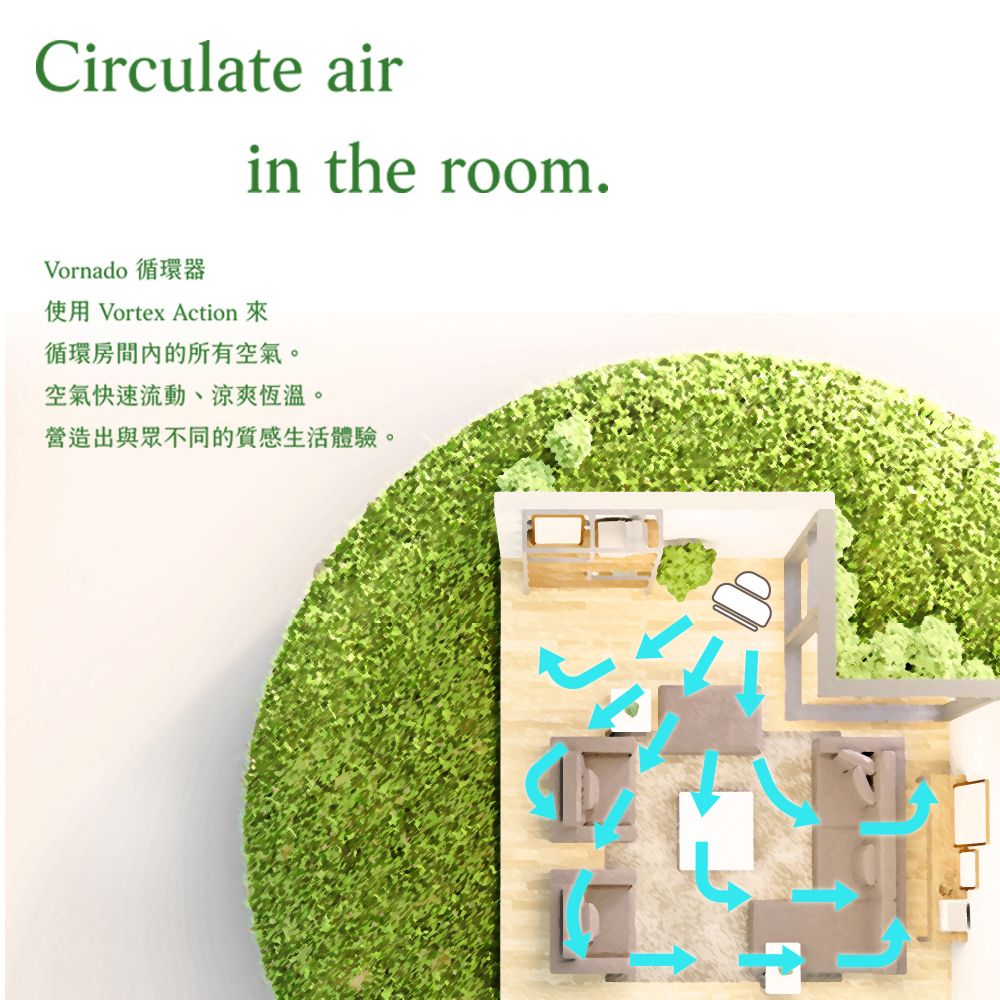 Circulate airVornado 循環器in the room.使用 Vortex Action 來循環房間內的所有空氣。空氣快速流動、涼爽恆溫。營造出與眾不同的質感生活體驗。