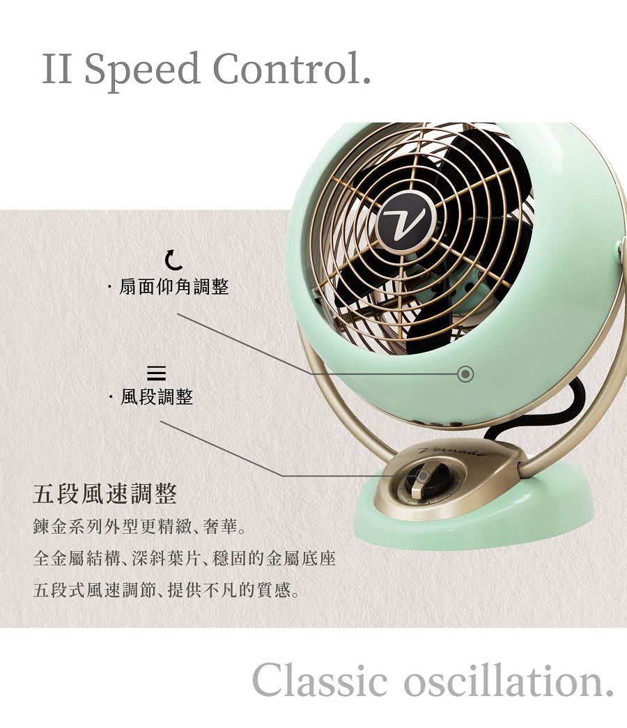 II Speed ontrol.C扇面仰角調整風段調整五段風速調整鍊金系列外型更精緻奢華。全金屬結構深斜葉片、穩固的金屬底座五段式風速調節提供不凡的質感。Classic oscillation.