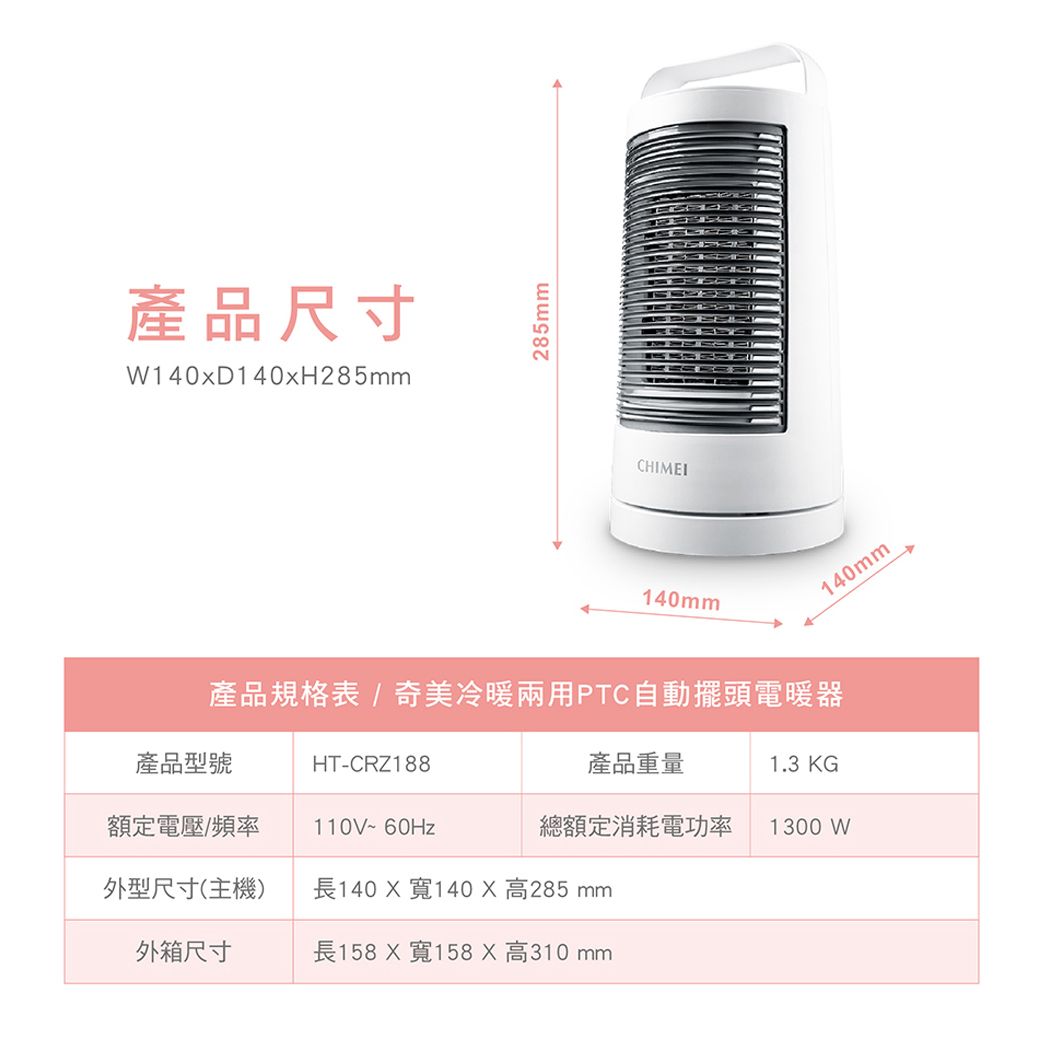 產品尺寸W140xD140xH285mm285mmCHIMEI140mm產品規格表/奇美冷暖兩用PTC自動擺頭電暖器產品型號HT-CRZ188產品重量1.3 KG額定電壓/頻率 110V~60Hz總額定消耗電功率1300 W外型尺寸(主機)長140寬140  高285 mm外箱尺寸長158寬158 X 高310mm140mm