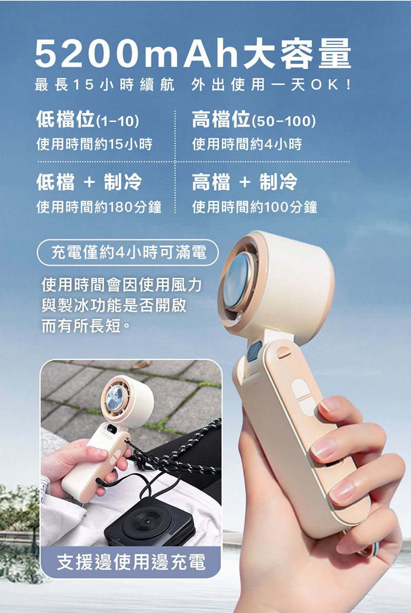 5200mAh大容量最長15小時續航 外出使用一天OK!低檔位(1-10)使用時間約15小時高檔位(50-100)使用時間約4小時低檔 + 制冷使用時間約180分鐘高檔 + 制冷使用時間約100分鐘充電僅約4小時可滿電使用時間會因使用風力與製冰功能是否開啟而有所長短。支援邊使用邊充電
