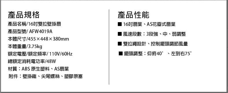 產品規格產品名稱/16雙拉壁掛扇產品型號/AFW4019A本體尺寸/455448×380mm本體重量/3.75kg額定電壓/額定頻率/110V/60Hz總額定消耗電功率/48W材質ABS原生塑料AS扇葉附件:壁掛鐵尖尾螺絲塑膠原塞產品性能16吋扇葉、AS花瓣式扇葉 風速段數:3段強、中、弱調整雙拉繩設計、控制擺頭調節風量■ 擺頭調整:仰俯40、左到右75°