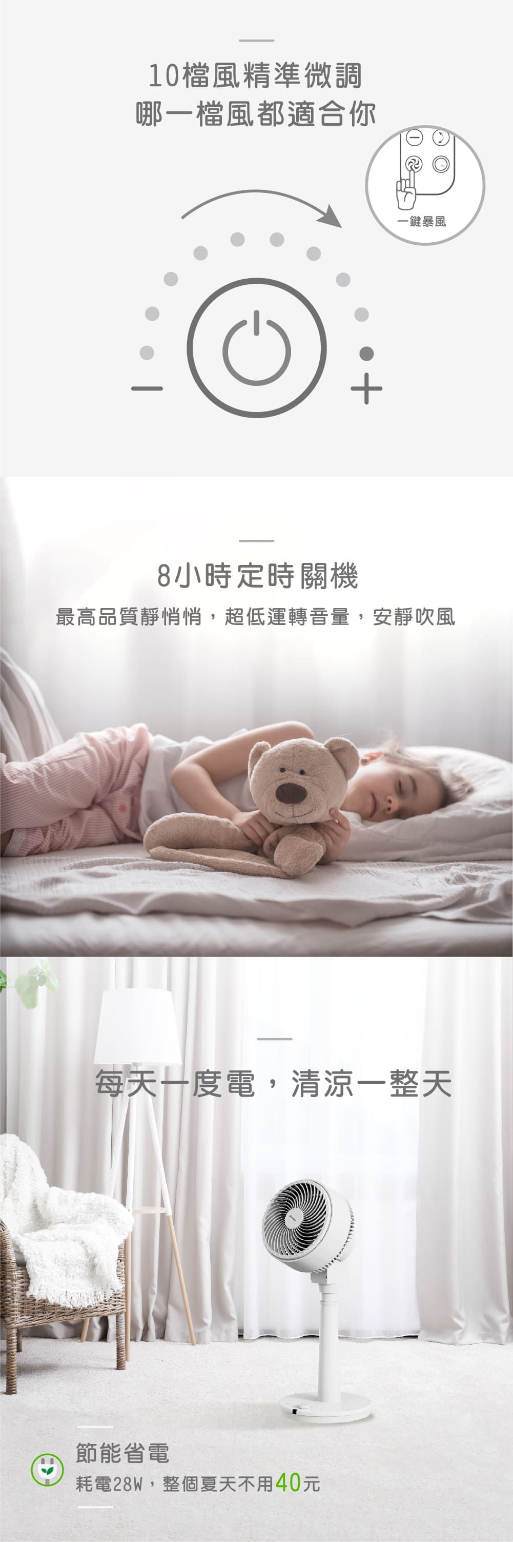 10檔風精準微調哪一檔風都適合你一鍵暴風8小時定時關機最高品質靜悄悄,超低運轉音量,安靜吹風每天一度電,清涼一整天節能省電耗電28W,整個夏天不用40元
