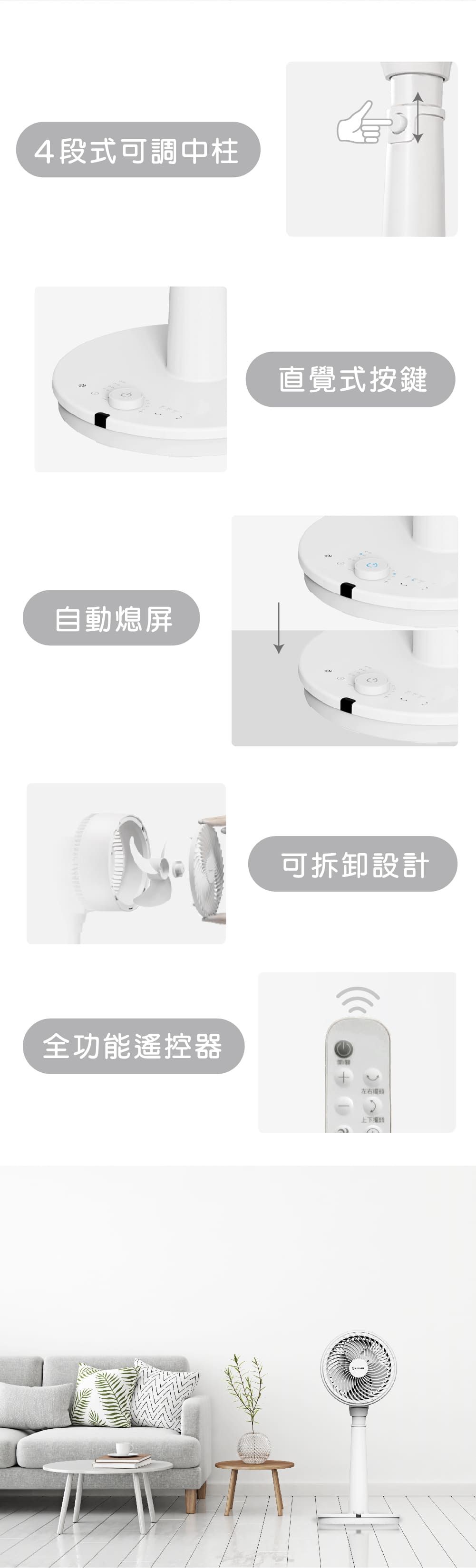 4段式可調中柱自動熄屏全功能遙控器直覺式按鍵可拆卸設計左右上下