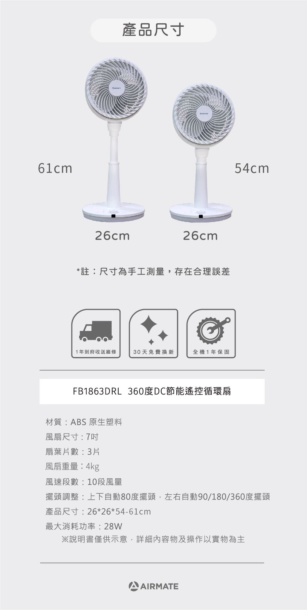 61cm產品尺寸26cm26cm*註:尺寸為手工測量存在合理誤差1年到府收送維修30天免費換新全機1年保固FB1863DRL 360度DC節能遙控循環扇材質:ABS原生塑料風扇尺寸:7吋54cm扇葉片數:3片風扇重量:4kg風速段數:10段風量擺頭調整:上下自動80度擺頭,左右自動90/180/360度擺頭產品尺寸:26*26*54-61cm最大消耗功率:28W說明書僅供示意,內容物及操作以實物為主AIRMATE