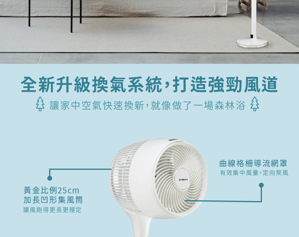 全新升級換氣系統,打造強勁風道家中空氣快速換新,就像做了一場森林浴 黃金比例25cm加長凹形集風筒讓風跑得更長更穩定曲線格柵導流網罩有效集中風量,定向聚風